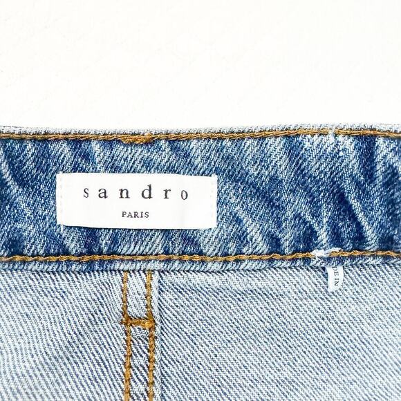 Sandro Paris Denim Pencil Skirt Metallic Silver Coated Front Size 1 / 26 US - Picture 3 of 6